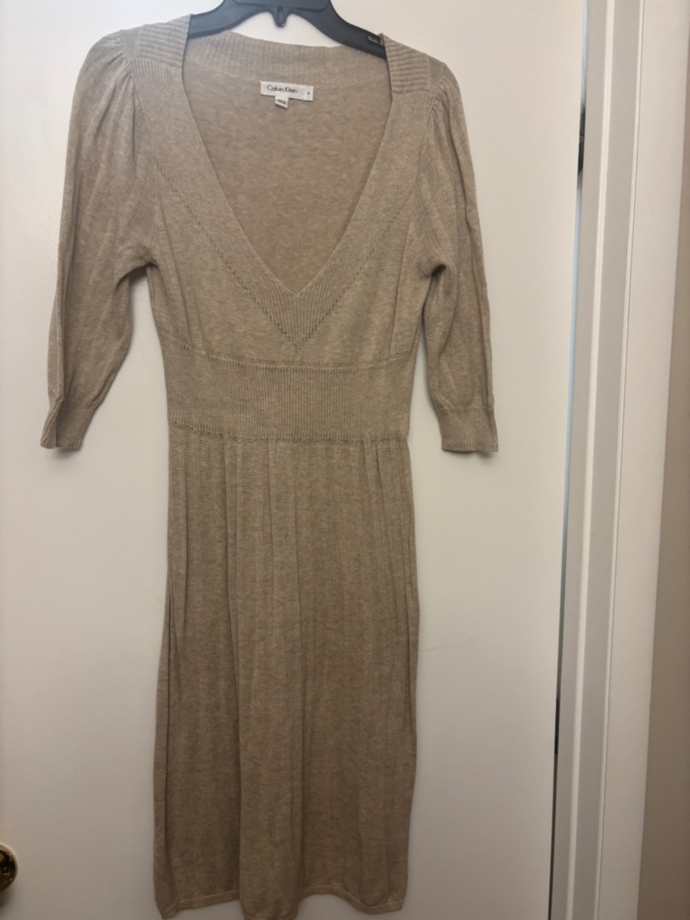 Calvin Klein Taupe Ribbed V-Neck Midi Dress